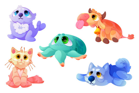 Plush toys, funny soft seal, cow, cat with octopus and dog. Cute animals, stuffed dolls for child playing, furry kitten or wolf, farm or sea creatures isolated objects Cartoon vector illustration, set