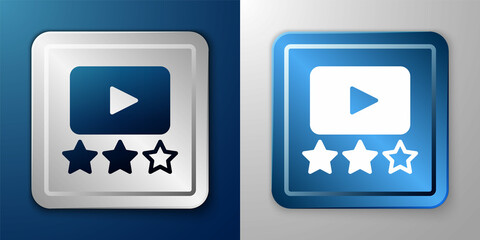 White Film or movie cinematography rating or review icon isolated on blue and grey background. Silver and blue square button. Vector