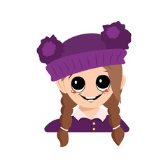 Avatar of a girl with big eyes and a wide happy smile in a purple hat with a pompom. Head of a child with a joyful face