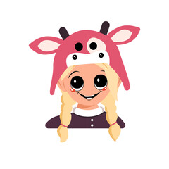 Avatar of a girl with blonde hair, big eyes and a wide happy smile in a cow hat. Head of a cute child with a joyful face in a carnival costume for the holiday or new year