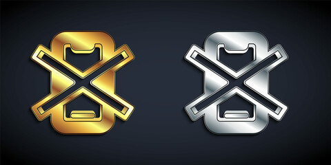 Gold and silver No cell phone icon isolated on black background. No talking and calling sign. Cell prohibition. Long shadow style. Vector
