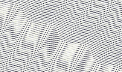 Many black triangles scattered asymmetrically in white background. Wavy pattern with dynamic effect. Cover design template. Vector illustration with optical illusion.