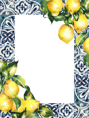Lemon, olive tree branches card design. Hand drawn botanical frame with natural lemons mediterranean elements. Healthy food composition isolated on white background. watercolor illustration