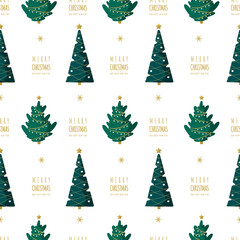 Seamless pattern with green christmas trees. Winter print. New year design for cards, backgrounds, fabric, wrapping paper. Vector illustration in flat cartoon style.