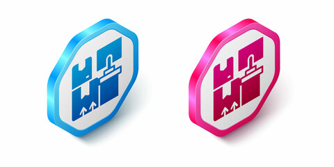 Isometric Warehouse interior with boxes on racks icon isolated on white background. Logistics, cargo, parcel storage postal service. Hexagon button. Vector