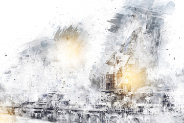 Port Freight Cranes with photography illustration art