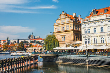 Vltava river and old downtown of Prague, the capital of Czech Republic