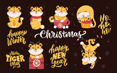 The set of cartoonish tigers is good for Merry Christmas and Happy New Year designs. The cute animals and holiday quotes is good for logos 2022. The vector illustration