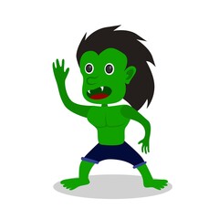 cute green monster cartoon. greeting character design.