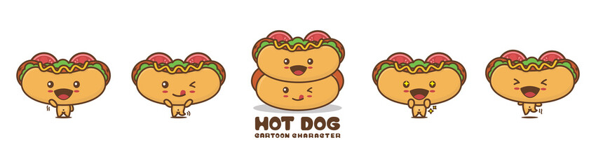 cute hot dog mascot, food cartoon illustration, with different facial expressions and poses
