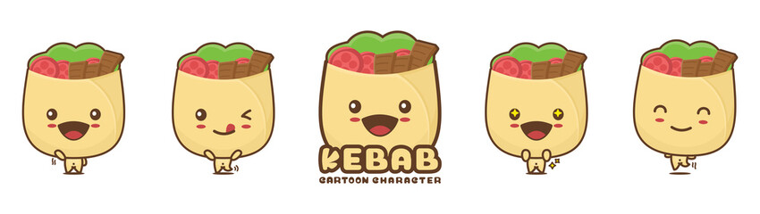 cute kebab mascot, food cartoon illustration, with different facial expressions and poses