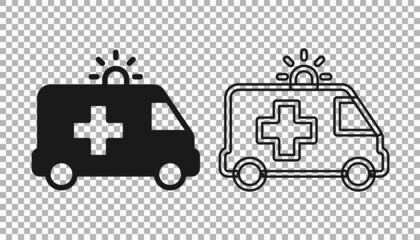 Fototapeta premium Black Ambulance and emergency car icon isolated on transparent background. Ambulance vehicle medical evacuation. Vector