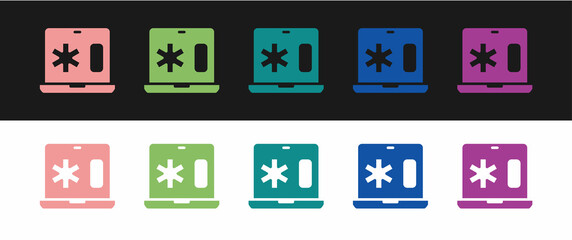 Set Medical clinical record on laptop icon isolated on black and white background. Health insurance form. Medical check marks report. Vector