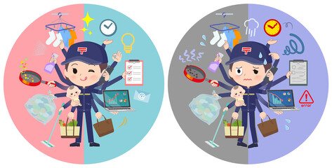 オフィスとプライベートでマルチタスクをこなす郵便配達員女性のセット