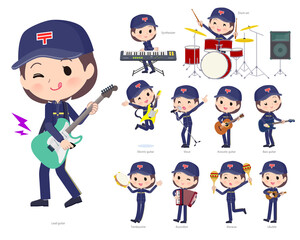 ロックンロールやポップミュージックを演奏する郵便配達員女性のセット