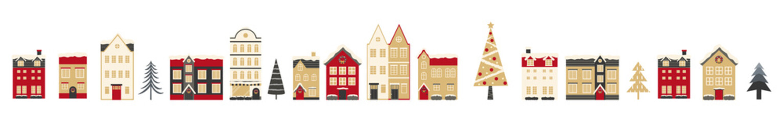 Fototapeta premium 住宅とクリスマスツリーの罫線のベクターイラスト(背景,X'mas)