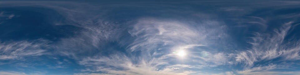 Blue sky panorama with Cirrus clouds. Seamless hdr 360 degree pano in spherical equirectangular format. Complete zenith for 3D visualization, game and sky replacement for aerial drone 360 panoramas.