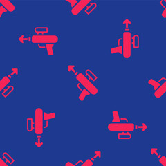 Red Fishing harpoon icon isolated seamless pattern on blue background. Fishery manufacturers for catching fish under water. Diving underwater equipment. Vector