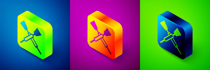 Isometric Crossed oars or paddles boat icon isolated on blue, purple and green background. Square button. Vector