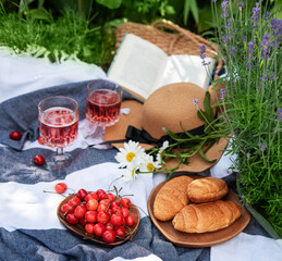Set for picnic on blanket in lavender field