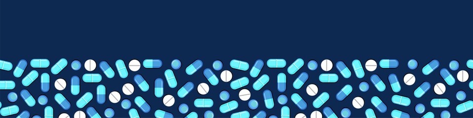 Medicines. Seamless illustration with pills and capsules. Medicinal drugs. Pharmaceuticals. Ambulance. Flat design. Dark background. Vector