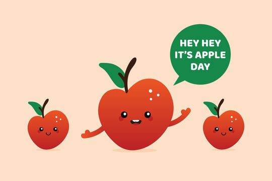 National Apple Day greeting card, vector illustration cute cartoon style smiling red apple characters. October 21.