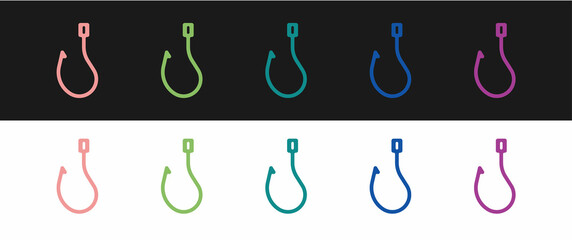 Set Fishing hook icon isolated on black and white background. Fishing tackle. Vector