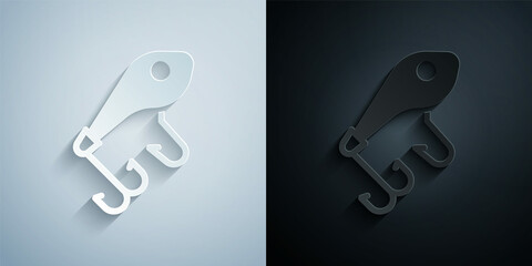 Paper cut Fishing lure icon isolated on grey and black background. Fishing tackle. Paper art style. Vector