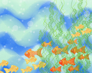 Fototapeta na wymiar Goldfish swimming with sea weed, watercolour illustration.