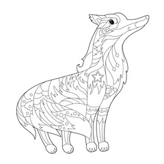 Contour linear illustration for coloring book with pretty cute fox. Beautiful animal,  anti stress picture. Line art design for adult or kids  in zen-tangle style, tattoo and coloring page.