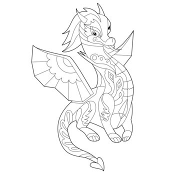 Fancy dragon on white background. Contour linear illustration for coloring book with fantasy reptile.  Anti stress picture. Line art design for adult or kids  in zen-tangle style and coloring page.