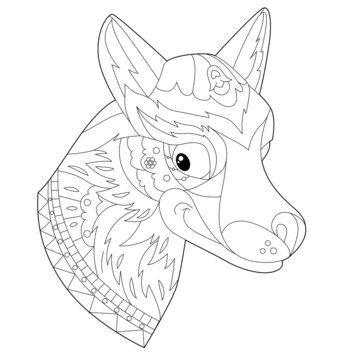 Contour linear illustration for coloring book with pretty dog head. Beautiful animal,  anti stress picture. Line art design for adult or kids  in zen-tangle style, tattoo and coloring page.