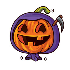 Happy halloween with cartoon cute funny pumpkin wearing grim reaper costume. Vector character