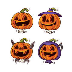 Cartoon set of cute halloween pumpkins with different funny faces and halloween costumes. Vector character halloween set.