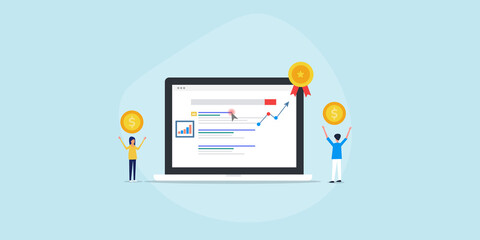 PPC success, company growth, increase sales concept. Business people celebrating pay per click marketing campaign success. Internet technology communication web banner template.