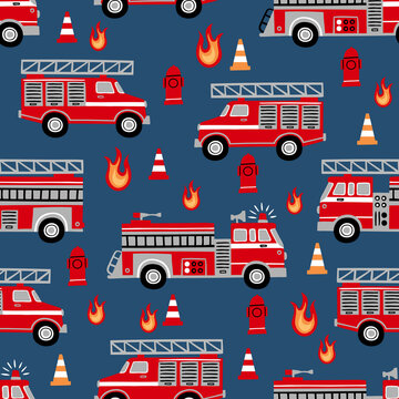 Hand drawn fire trucks seamless vector pattern on dark blue background.