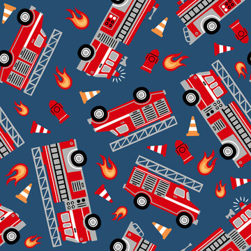 Hand drawn fire trucks seamless vector pattern on dark blue background.