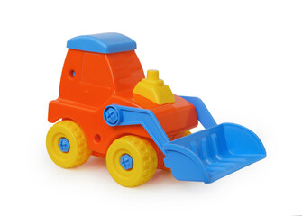 Children's plastic toy Tractor with forklift isolated on white background