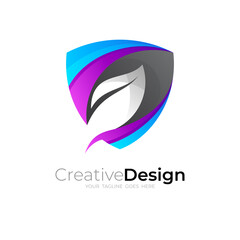 Shield logo and leaf design combination, 3d colorful