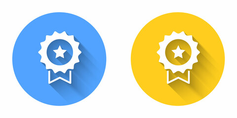 White Medal with star icon isolated with long shadow background. Winner achievement sign. Award medal. Circle button. Vector