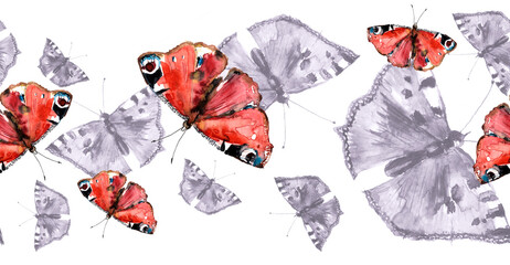 Linear seamless watercolor banner with butterflies.
Handmade illustration. Art for your design, picture, poster. Multicolored butterfly urticaria, Aglais urticae  Composition with rainbow butterfly 