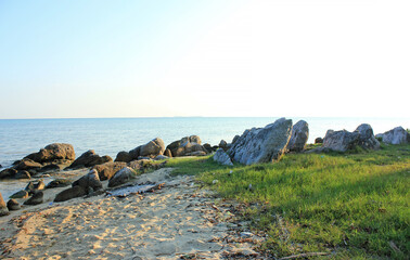 Beach with stone, rocks, grass and blue sky on the afternoon
