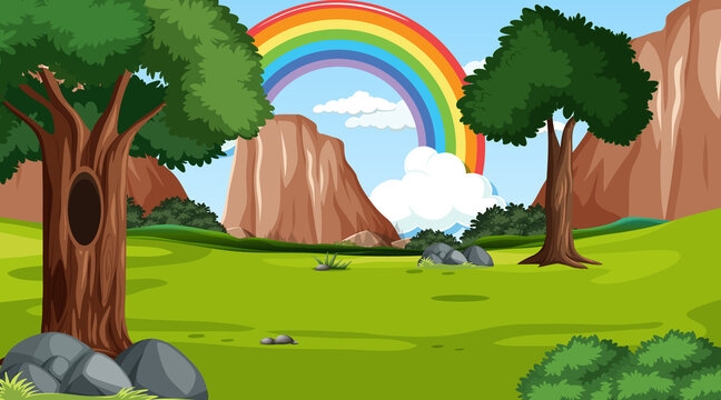 Nature scene background with rainbow in the sky