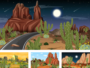 Four different desert forest landscape scenes with various desert plants