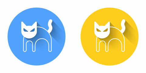 White Black cat icon isolated with long shadow background. Happy Halloween party. Circle button. Vector