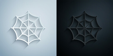 Paper cut Spider web icon isolated on grey and black background. Cobweb sign. Happy Halloween party. Paper art style. Vector