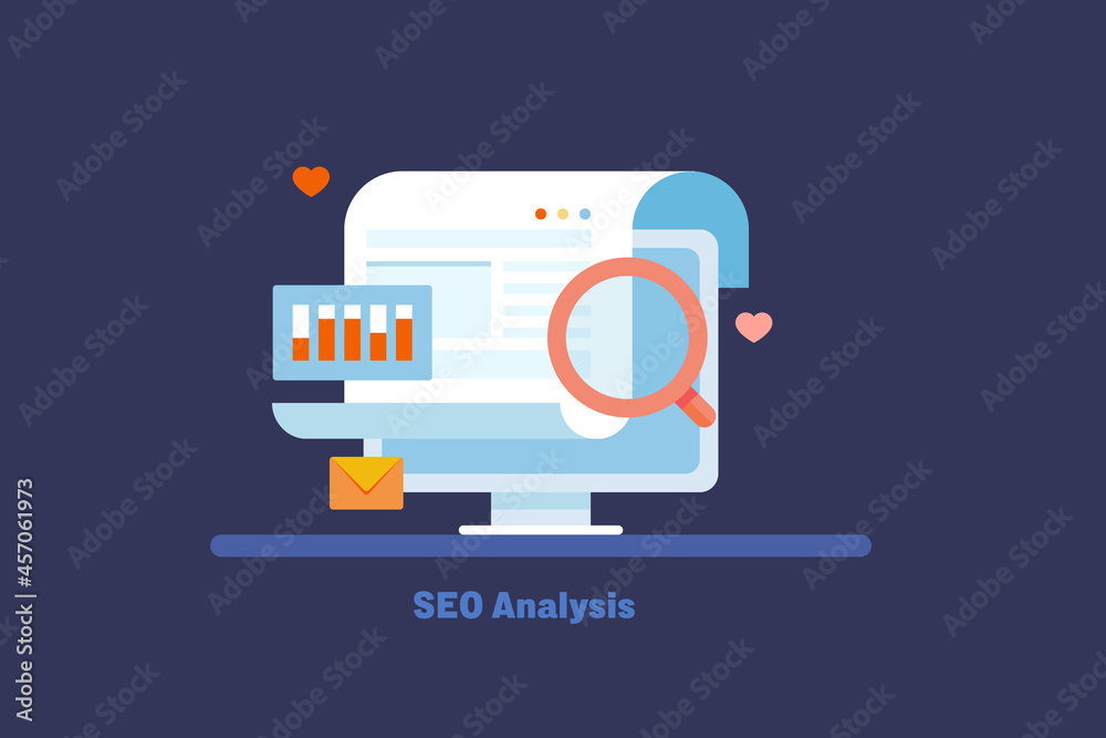 Wall mural business analytics showing seo report, data analysis on computer screen, web page with keyword resea
