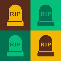 Pop art Tombstone with RIP written on it icon isolated on color background. Grave icon. Happy Halloween party. Vector