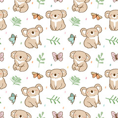 Seamless Pattern with Cute Koala, Butterfly and Leaf Illustration Design on White Background