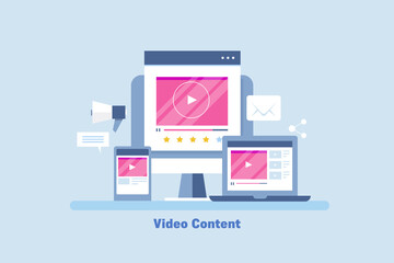 Video on demand, video content displaying on computer, laptop and mobile app. video streaming online service, digital communication technology concept. Web banner template.